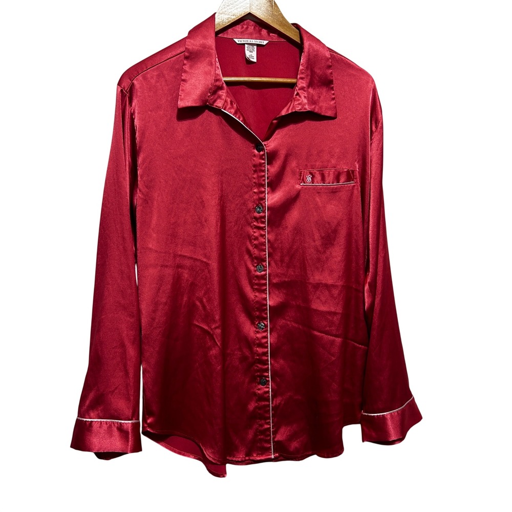 Victorias Secret Satin Pajama Top L Red Button Up Long Sleeve Sleep Shirt Lounge